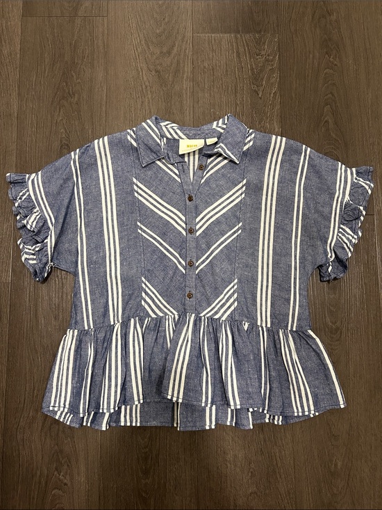 Anthropologie Tops - Anthropologie Blue and White Striped Peplum Button-Front Top